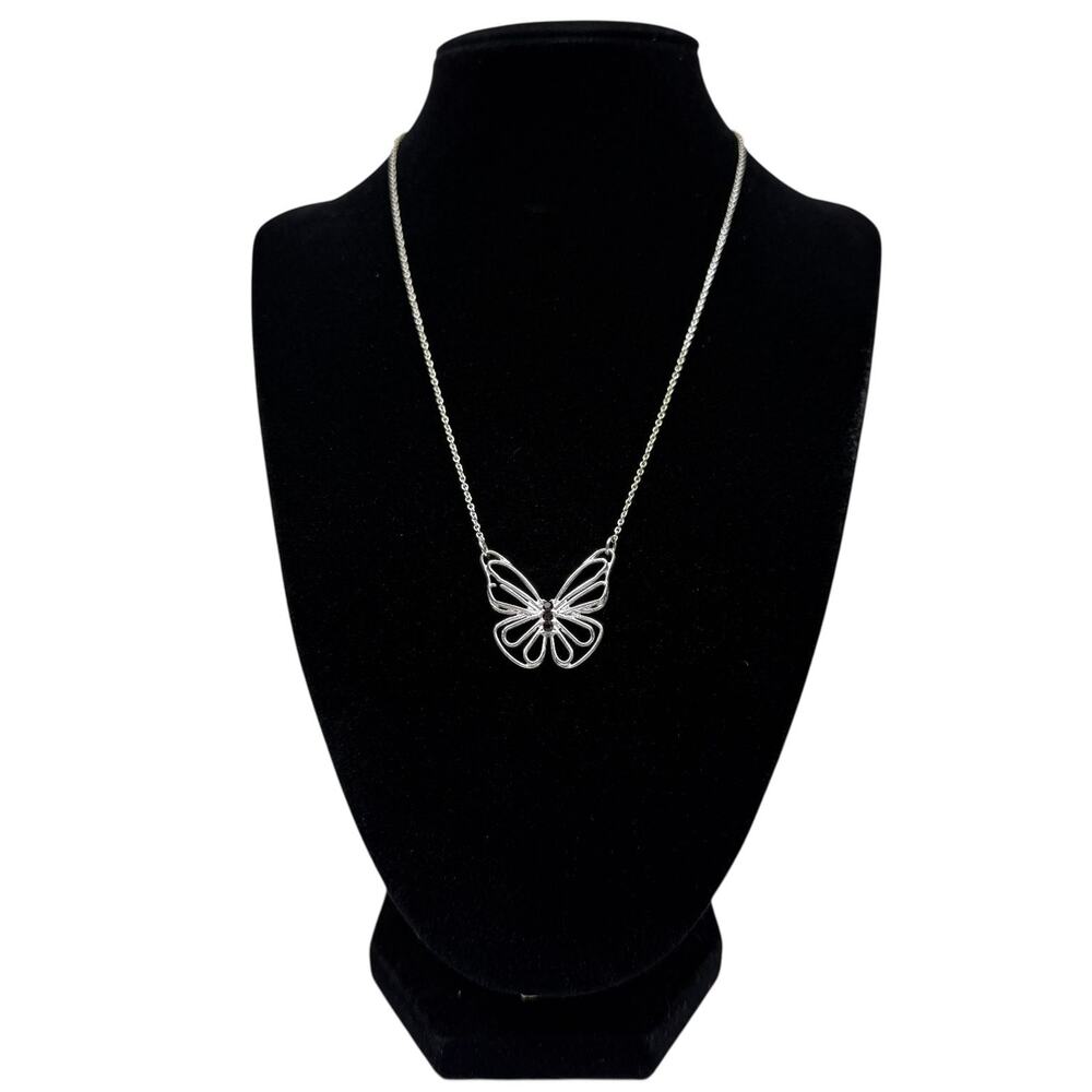 Silver Tone Butterfly Pendant Necklace Ruby Red Stone Fashion Jewelry 17 in